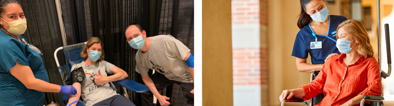 Nurse assisting a patient during a UCLA Health blood drive, highlighting community participation in life-saving donations.