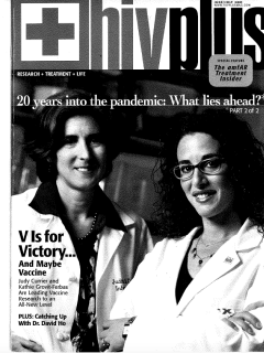 A black-and-white cover for "HIVplus" magazine features two smiling women in lab coats. The headline asks, "20 years into the pandemic?".
