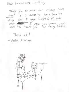 Child's handwritten thank you note to healthcare workers, with a simple drawing.