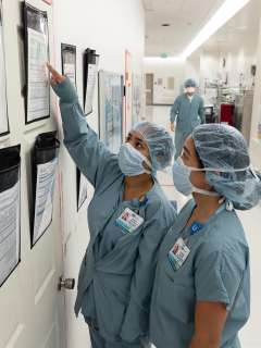 Two healthcare workers in scrubs and masks review posted documents on a wall in a hospital hallway.