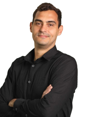 Smiling man with arms crossed wearing a black button-down shirt