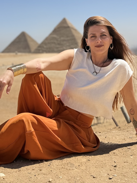 A woman in Egypt poses with pyramids in the background.