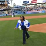 Angie Jones throws out the ceremonial first pitch before a preseason game between the Dodgers and Angels. (Photo by Jon SooHoo/©Los Angeles Dodgers, LLC 2023)