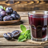 Glass of plum juice with whole and halved plums and mint on wooden table.