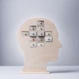 Wooden human head silhouette with nine small square drawers arranged like a brain