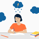 Illustration of girl taking test with cloud over head