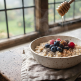 Bowl of oatmeal topped with berries as honey is drizzled over it.