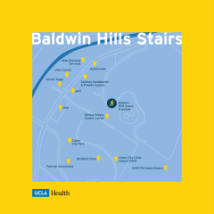 A map on a yellow and blue background shows the area around "Baldwin Hills Stairs," with various surrounding landmarks marked.