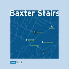 A map on a dark blue background shows the area around "Baxter Stairs," with landmarks like "Dodger Stadium" and "Elysian Park" marked.