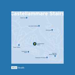 A map shows a trail leading to "Castellammare Stairs" in Malibu, with nearby landmarks like "Medal Cross," "Parker Canyon," and "Los Liones Trailhead" marked.