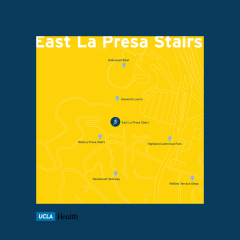 A map on a blue background shows the area "East La Presa Stairs," with landmarks like "Hollywood Bowl Overlook" and "Lake Hollywood Park" marked.