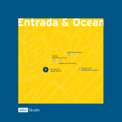 A map on a yellow and blue background shows the area around "Entrada & Ocean" in Santa Monica, with "Santa Monica Stairs" and "Canyon Elementary School" nearby.