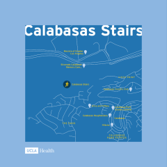 A map on a light blue background shows the street layout around "Calabasas Stairs," with landmarks like "Jack in the Box" and "Vons" also marked.