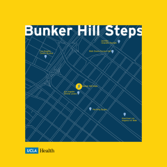 A map on a yellow background shows the street layout around "Bunker Hill Steps" in Downtown Los Angeles, with nearby landmarks marked.