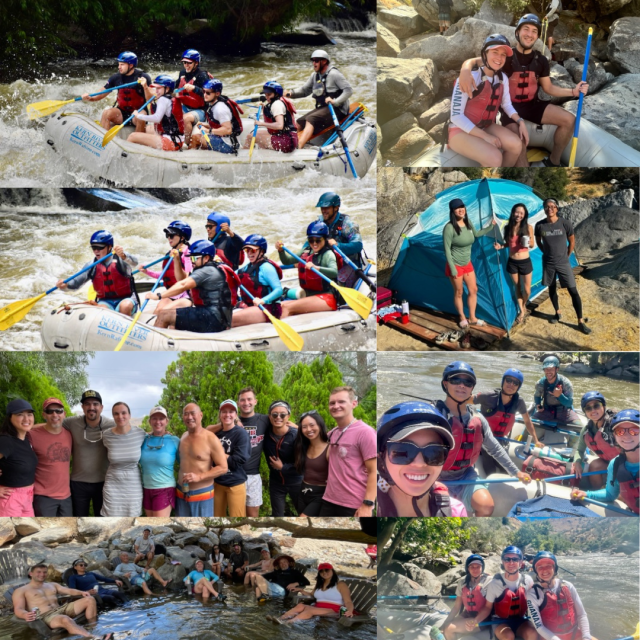 Collage of UCLA Health CRNA team members enjoying a Kern River rafting trip, featuring group shots and action moments on the water.
