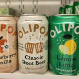 Olipop brand prebiotic sodas on a shelf.